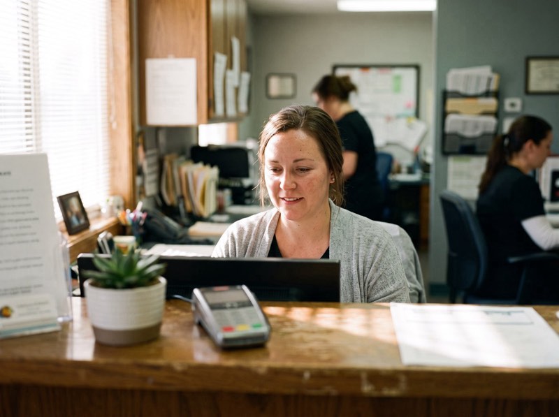 The front desk at Jewel Dental, where every web request gets phoned back